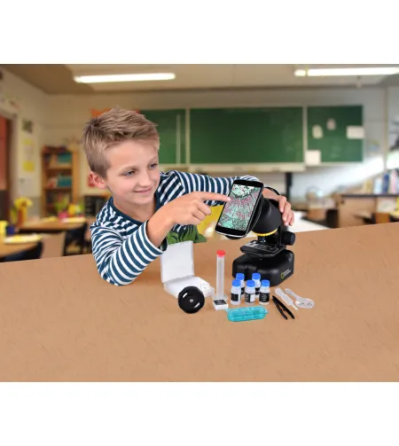 Mikroskopas NATIONAL GEOGRAPHIC 40-640X  su eksperimento komplektu ir išmaniojo telefono a