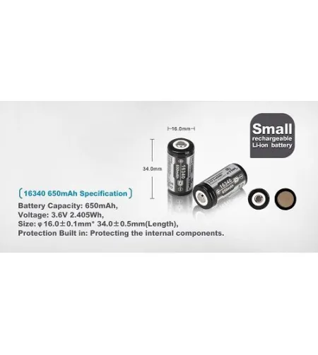 Xtar RCR123A / 16340 650mAh 3.6V Protected Lithium Ion (Li-ion) Button Top Battery