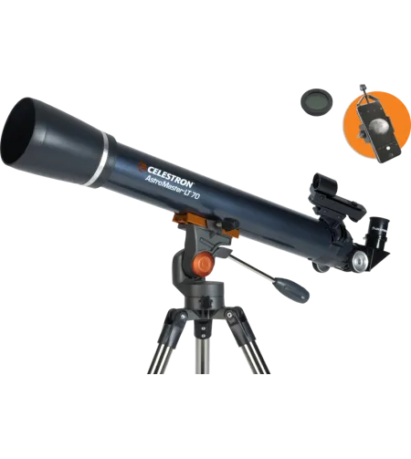 Celestron Astromaster LT 70AZ ar tālruņa adapteri un mēness filtru
